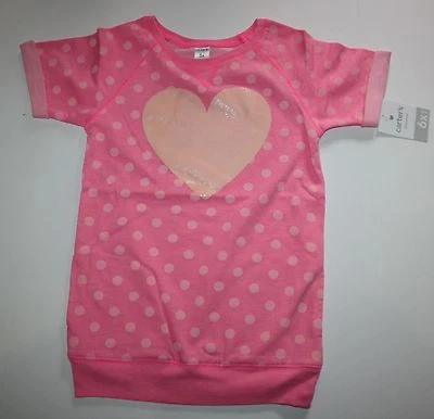 New Carter's Girls 6X Tunic Top Shirt Pink W Orange Glitter Heart & Polka Dots  - Image 1 of 2