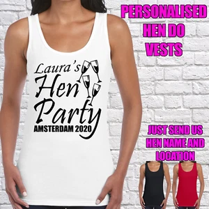 HEN PARTY VEST TOPS LADIES VESTS HEN DO CUSTOMISED NAME PRINT CUTE FUNNY (D2) - Picture 1 of 4