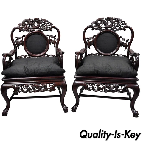 Pair of Vintage Oriental Dragon Carved Rosewood Lounge Throne Chair Armchairs Cover