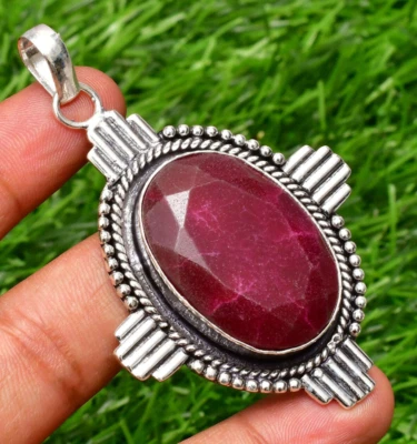 (Lab-Created) Ruby Gemstone Handmade 925 Sterling Silver Jewelry Pendant 2.1" - Image 1 of 4