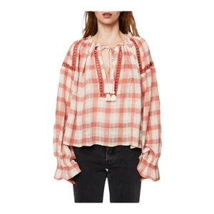 Free People Women's Size S Honey Grove Plaid Eyelet Peasant Blouse Top Boho - Picture 1 of 12