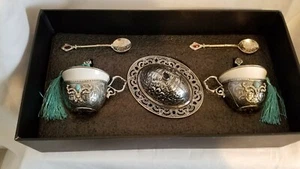 Bejeweled Rhinestone Turkish Expresso Demitasse Coffee Set Silvertone Moroccan   - Picture 1 of 12