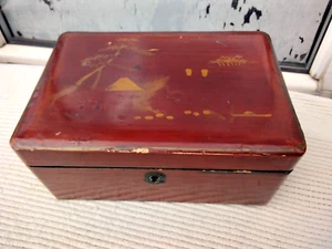 VINTAGE JAPANESE BROWN LACQUER WOOD JEWELLERY TRINKET STORAGE BOX - Picture 1 of 10