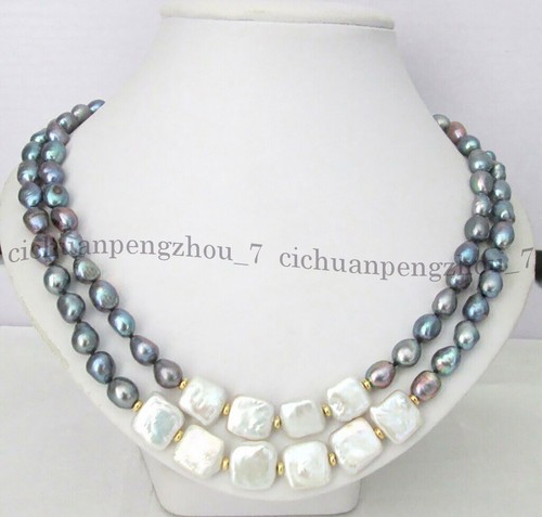 VETEMENTS Collana 2 file 7 8 mm perle d'acqua dolce nere quadrate bianche perle barocche 17 18''