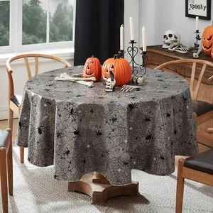 Halloween Creepy Black Spider 70 Inch Round Vinyl Dining Tablecloth with Flan... - Picture 1 of 9