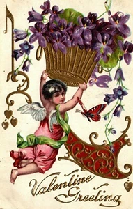 Valentine Cupid Butterfly basket of  flowers and Harp Postcard BB2 - Picture 1 of 3