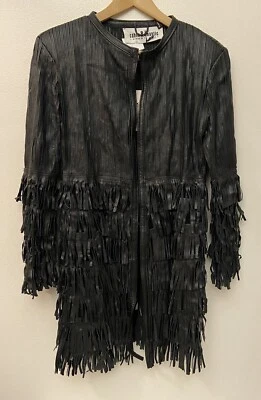 NWT Caban Romantic Fringes Leather Long Lace Coat Jacket  Black Italy Size 46 - Image 1 of 4