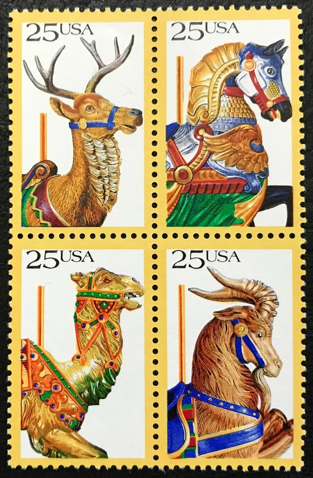 1988 Scott# 2390-2393 - 25¢ - Block of 4 - CAROUSEL ANIMALS - Mint NH  - Image 1 of 1