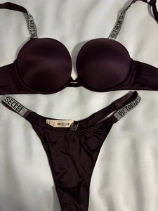 Victoria’s Secret Very Sexy Rhinestone Strap Bra Thong Set 34D XL Plum NWT NEW - Picture 1 of 12