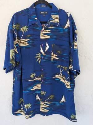 Koman 运动衬衫男式 XL 蓝色棕榈树帆船夏威夷纽扣巡航  — 第 1/4 张图片
