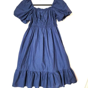 Dizzy Lizzie Womens Midi Dress Size L Off Shoulder Puff Sleeves Navy Blue - Picture 1 of 12