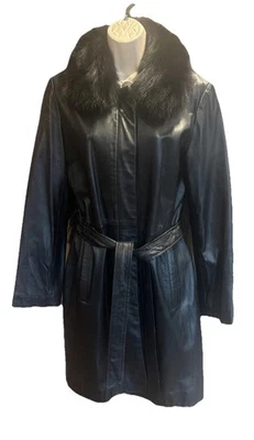 Chaqueta Marvin Richards Cuero Negro Suave Piel de Zorro Borde Cuello Cinturón 3/4 Costo M Foto 1 de 4