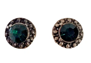 Round Silver Stud Earrings with Green Stone - Picture 1 of 2