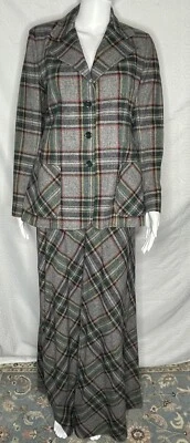 Vintage 70s Maxi Skirt Blazer Suit Wool Plaid 9/10 Wide Lapels Gray Green Red JH - Image 1 of 4
