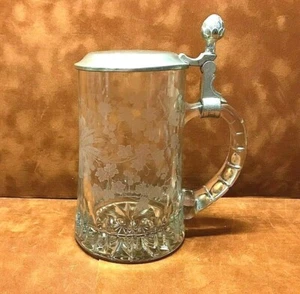 Vintage ZINN schwer geätzt Hopen Und Malz Glasstein mit Zinndeckel 92% ~ W. Germany - Bild 1 von 9