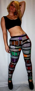 LADIES PYRAMID STUDS MULTI BELTS PRINT LEGGINGS GOTH PUNK EMO SIZE 8 - 22 - Picture 1 of 1