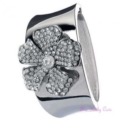 Brazalete de flor margarita plateada pesada Deco Gatsby vintage con cristales de Swarovski Foto 1 de 4