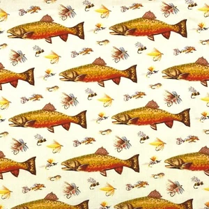 Wilderness River Trouts Fishing Sewing Quilting Cotton Fabric by the 1/2 Yard - Picture 1 of 3