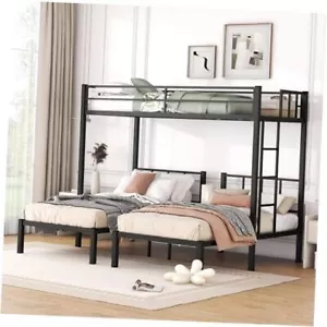 Twin Over Twin Over Twin Triple Bunk Bed Twin over Twin over Twin Black Shelf - Picture 1 of 7