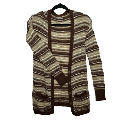 Cárdigan largo pequeño a rayas marrón crema marfil con botones y bolsillos por basura Foto 1 de 4