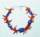925 Natural red Coral Lapis Lazuli Beaded Bracelet 7''inc Adjustable to 8"inc