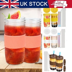 2Pack Boba Cup Bubble Tea Cup 24Oz Wide Mouth Mason Smoothie Cups W/Lid & Straws - Picture 1 of 41