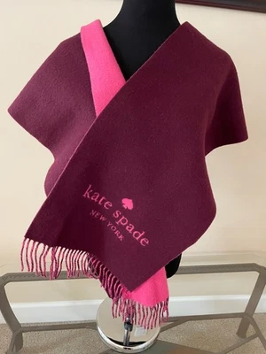 KATE SPADE Wool/Cashmere Oversized Oblong Scarf w/Fringe Maroon/Pink Logo - Image 1 of 4