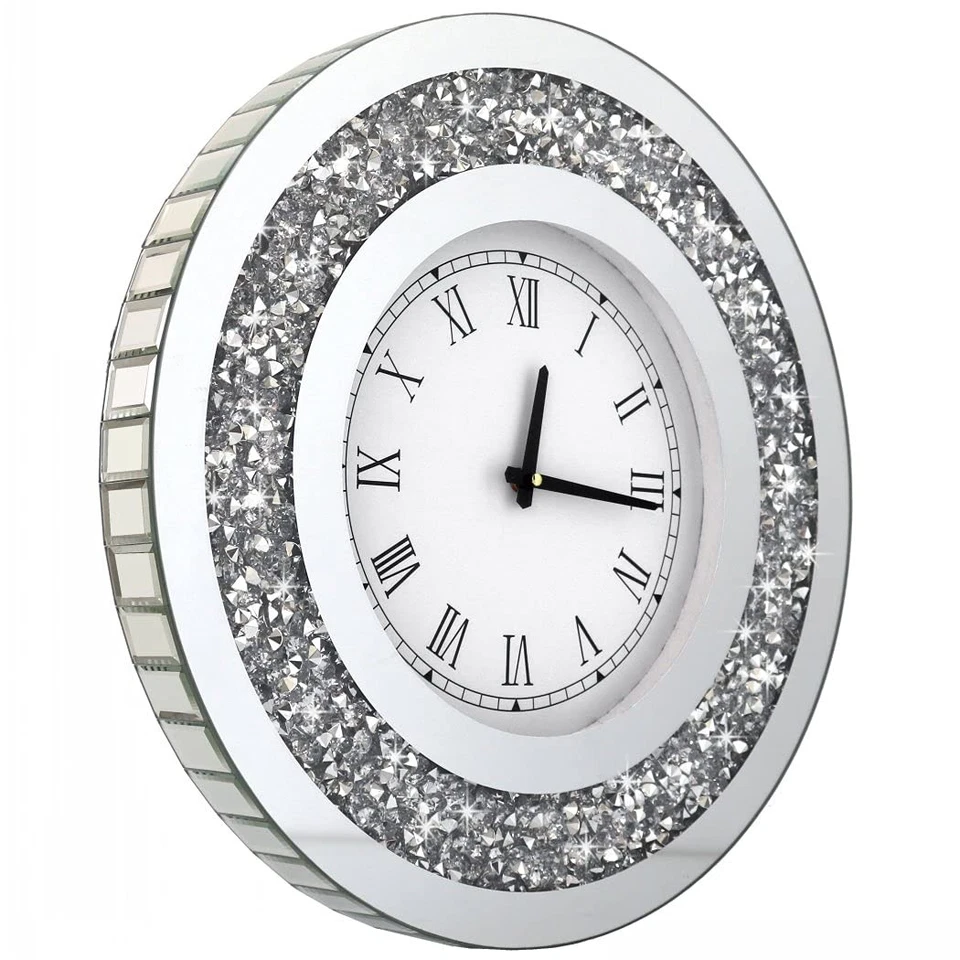 Silver Round Mirror Clock 20x20inches Crystal Sparkle Twinkle Bling Crush Dia... - Image 1 of 4