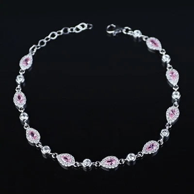 Pulsera tenis de cuarzo rosa gota delicada plateada para mujer Foto 1 de 4