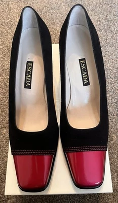 Escada EF528 Black Suede Fuchsia Patent Block Heel Pumps Size 38 (US 7.5-8) Box - Image 1 of 4
