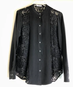 EQUIPMENT Sz Medium Black Silk Lace Tuxedo Blouse Sheer Lace Back & Front Sides - Picture 1 of 10