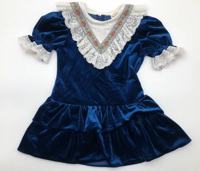 Vintage Little Girl Blue Soft Velour Ruffled & Lace Dress Size 6 - Image 1 of 4
