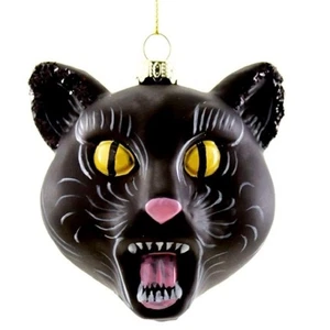 SCHWARZE KATZE ORNAMENT 3" Glas Weihnachtsbaum rund Halloween Glück gruselig gruselig - Bild 1 von 3
