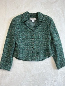 Carlisle Größe 8 grün Tweed V-Ausschnitt Blazer Jacke Knopf Büro Glamourös Schulterpolster - Bild 1 von 7