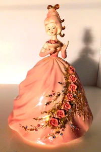 Vintage Josef Originals Jeanne statuina signora in rosa con bouquet Giappone 9" come nuova - Foto 1 di 8
