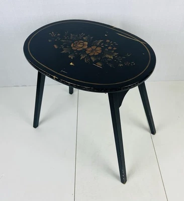 Vintage L. Hitchcock Stenciled Black & Gold Small Oval Folding Table Fair Cond. - Image 1 of 4