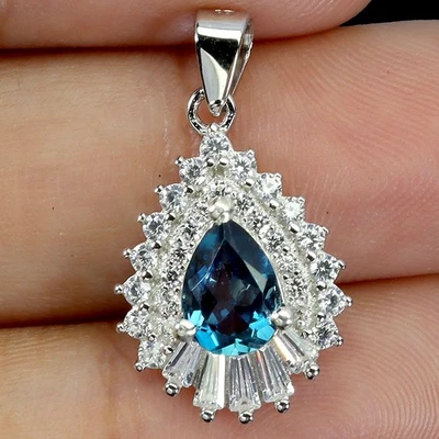 Colgante de plata de ley 925 pera topacio azul Londres 7x5 mm joyas de piedras preciosas Foto 1 de 4