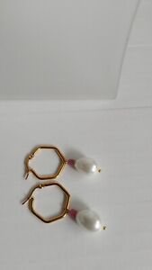 14 k yellow gold over bronze geometric hoops w ruby and shell pearl