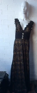 Vintage 2000s GERRY SHAW Long Black Lace Dress w Nude Lining & Rhinestones Sz 10 - Picture 1 of 9