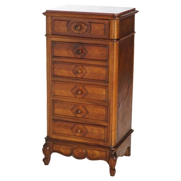 Antigo Baú Francês Luís XVI Esculpido em Nogueira, Kingwood e Mármore Forrado de Zinco século XIX - Imagem 1 de 4