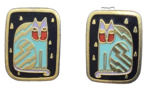 Vintage Signed Laurel Burch "Fantasticat" Enamel Gold Tone Stud Earrings RARE - Picture 1 of 2