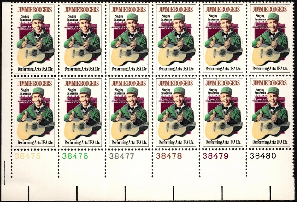 US - 1978 - 13 Cents Jimmie Rodgers Singing Brakeman Plate Block # 1755 Mint NH - Image 1 of 1