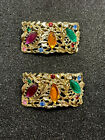 Vintage Costume Jewelry Musi Shoe Clips Gold Tone Colorful Rhinestones