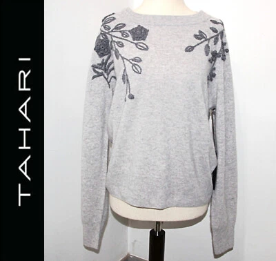 TAHARI Embroidered Shoulders 100% 2PLY-Cashmere Crew Neck Sweater  in Grey  sz M - Image 1 of 4
