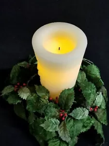Holly & Berry Christmas Centerpiece Battery Lite White Pillar Candle Holiday Dec - Picture 1 of 8