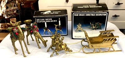 Candelabros y trineo de Papá Noel vintage de latón para ciervos de Navidad en caja Foto 1 de 4