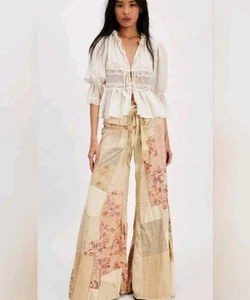 NWT Free People Savannah Patchwork Vintage Tie Waist Wide Leg Pants S - Picture 1 of 4