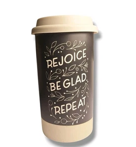Taza de café de viaje de cerámica Hallmark Rejoice Be Glad Repeat vaso en relieve 12 OZ - Imagen 1 de 4