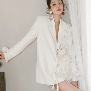Traje Suelto Flor Blanco Para Mujer Diseño Estrás Formal Blazer Abrigos Chaquetas - Imagen 1 de 23