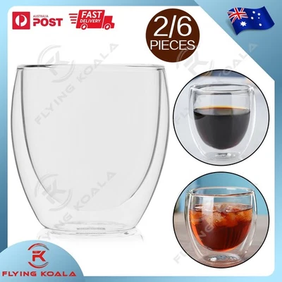 2/6pcs Double Wall Glass Cups 250ml Insulated Coffee Tea Latte Cappuccino Mugs - image 1 of 3